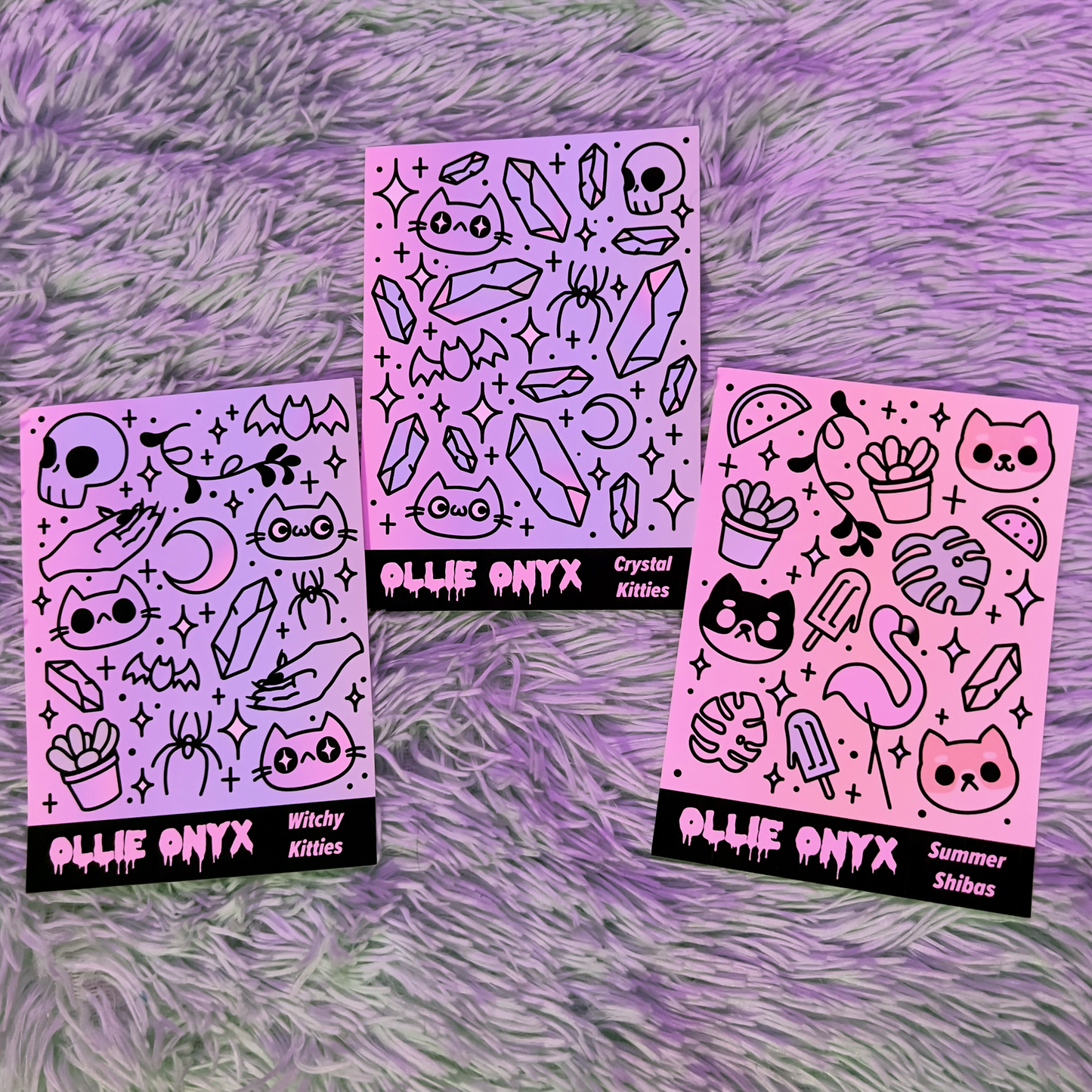 Ollie Onyx Waterproof Sticker Sheets - Witchy Kitties, Crystal Kitties, Summer Shibas