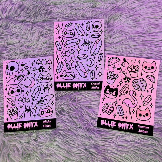 Ollie Onyx Waterproof Sticker Sheets - Witchy Kitties, Crystal Kitties, Summer Shibas