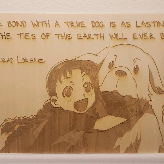 Wooden engraving of a girl and her dog sharing an inseparable bond.